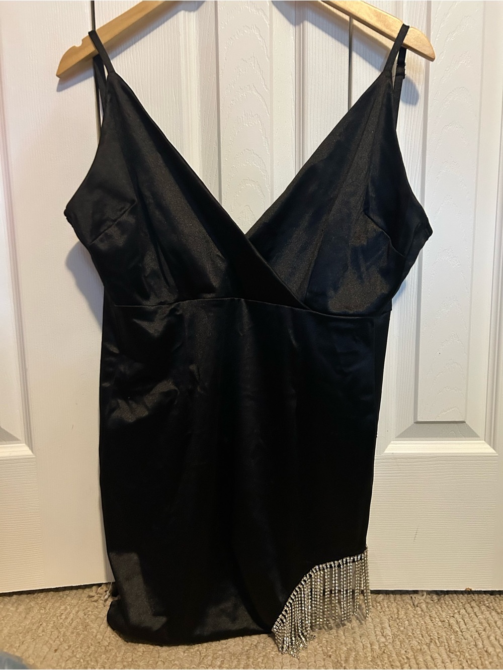 Forever 21 Black Satin Slip Dress with Rhinestone Fringe